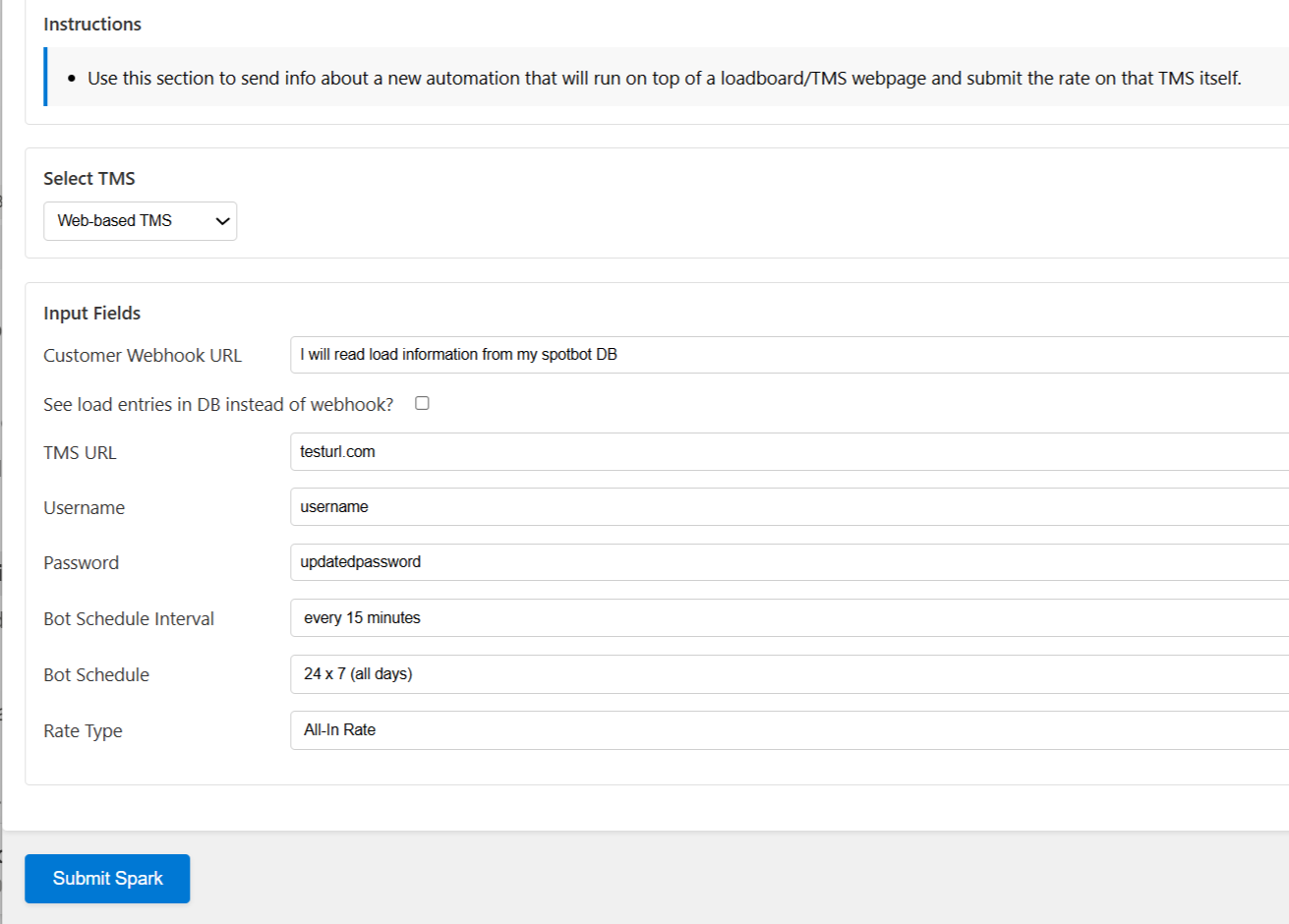The On-Portal Spark form with Web-based TMS selected and all input fields completed