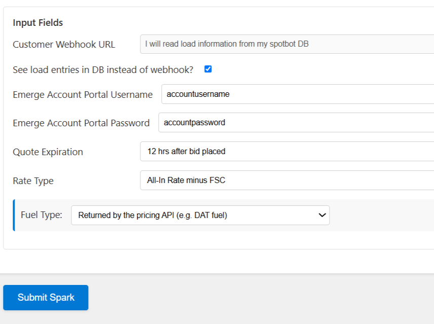 An API-based Spark form example with Emerge account fields, quote expiration, rate type, and fuel type