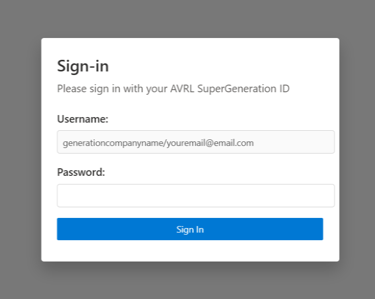 The Spark form sign-in card asking for your AVRL SuperGeneration ID